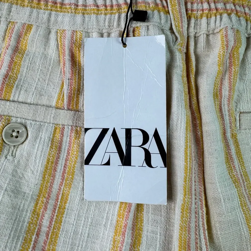 Zara Men Linen Blend Shorts Yellow Pink Old Money Resort Casual Size M NWT - Picture 8 of 11